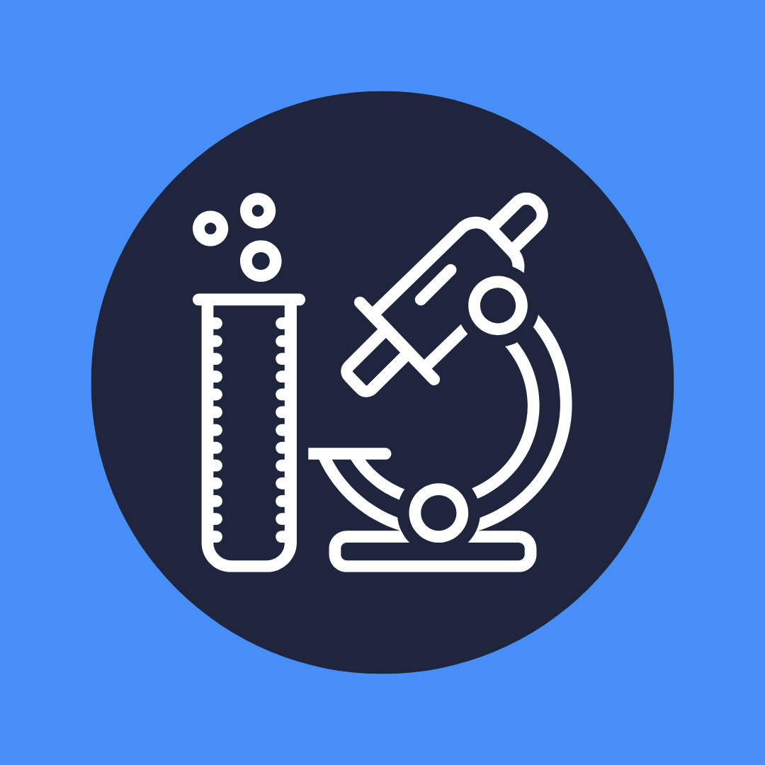 Icon of a microscope and test tube with bubbles, representing biotech research, discovery, and scientific advancement.