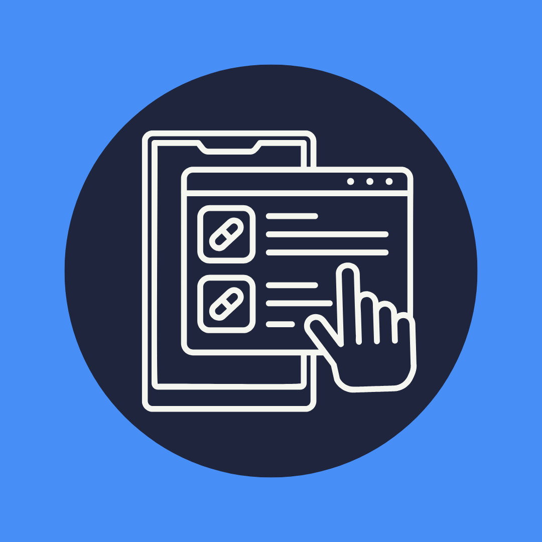 Icon of a mobile device and digital interface with pill icons and a hand cursor, representing digital therapeutics and tech-enabled treatment solutions.