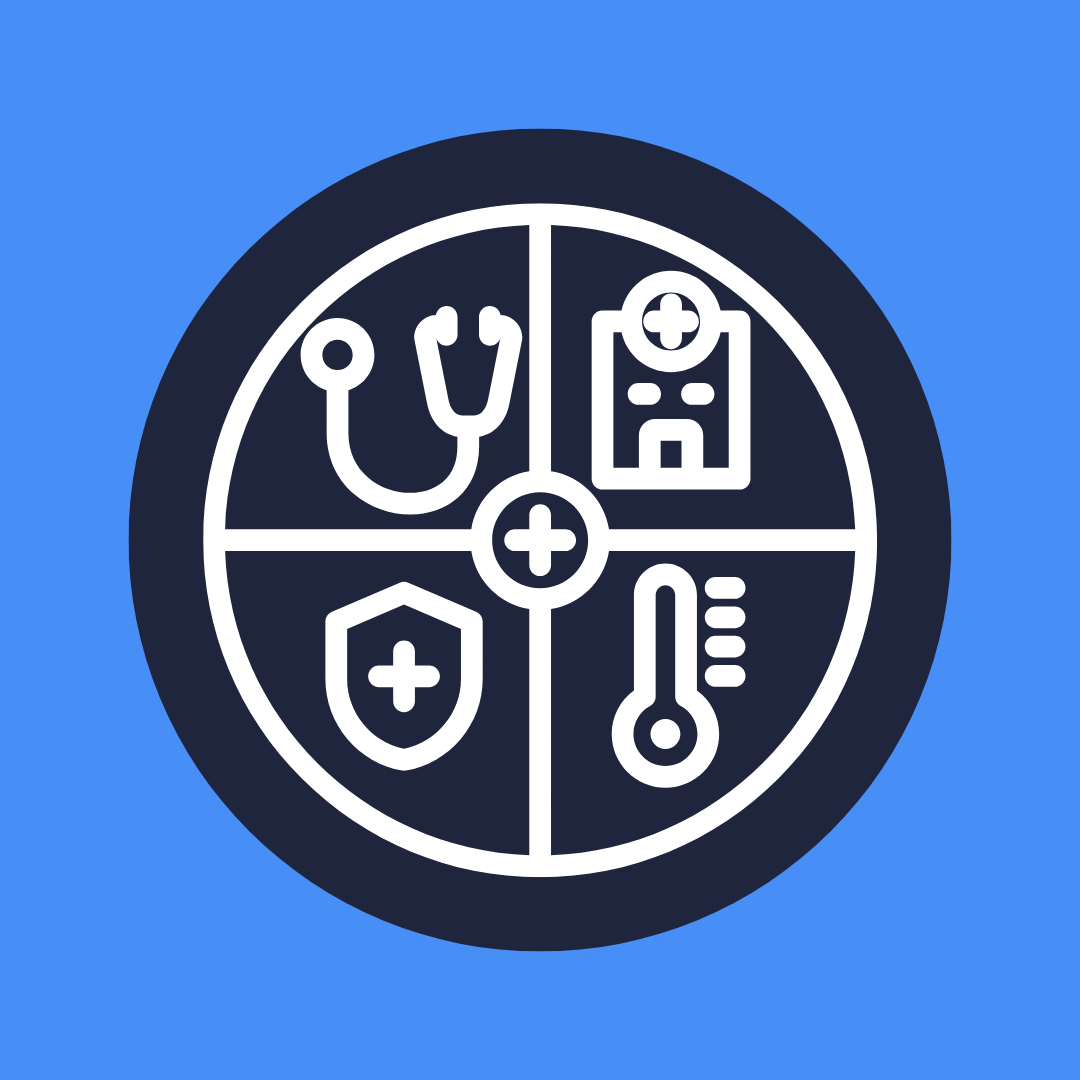 Icon with segmented healthcare symbols including a stethoscope, hospital, shield, and thermometer, representing health systems and comprehensive care delivery.