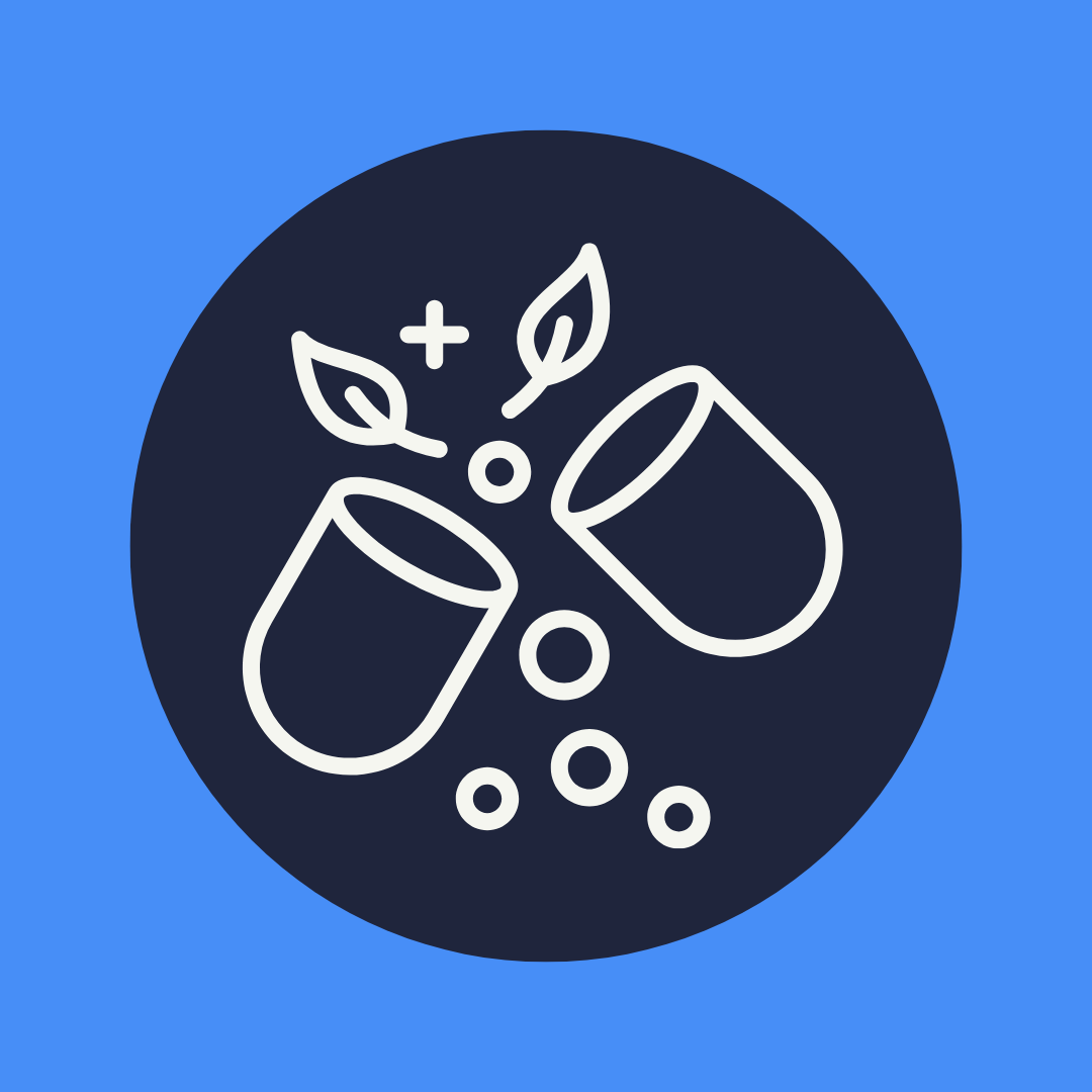 Icon of a supplement capsule with leaves and particles, symbolizing nutraceuticals, natural ingredients, and holistic health support.