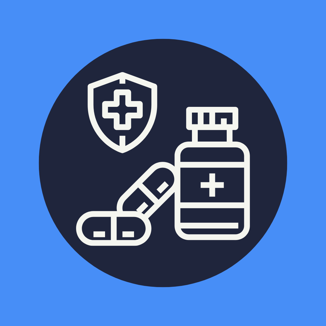 Icon of a medicine bottle, capsules, and a medical shield, representing pharmaceuticals, treatment access, and medication safety.