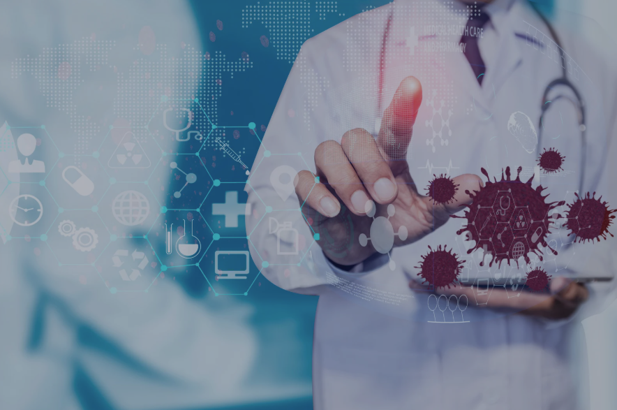 A healthcare professional interacts with digital health data and virus graphics.