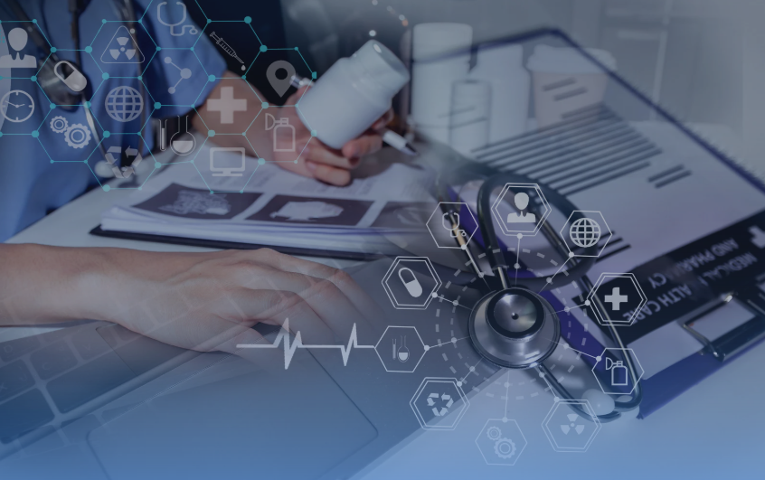 A healthcare professional using a laptop and reviewing medical documents with overlaid digital health icons, representing innovation, data integration, and tech-enabled care.