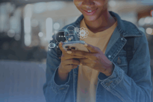 Young person smiling while using a smartphone, with digital AI and chatbot icons floating above the screen.