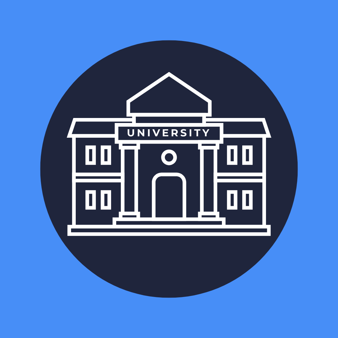 Icon of a university building with columns and a sign reading “University,” representing academic partnerships and public sector collaboration.
