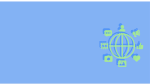 Illustration of a globe surrounded by media and social media icons, symbolizing global communication and AI-driven digital content.