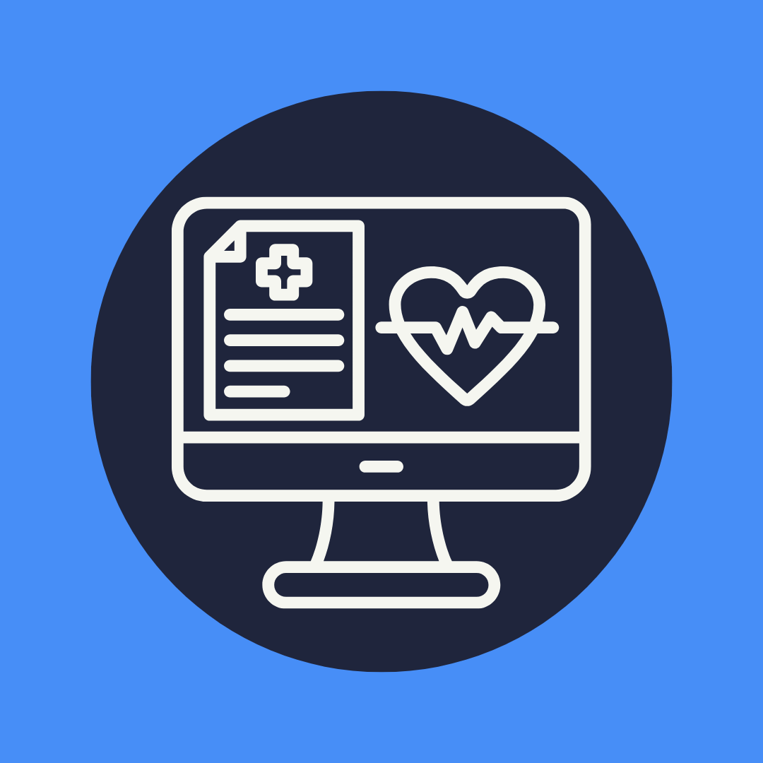 An icon of a computer screen displaying a medical document and heart rate monitor, representing digital health, patient data, and virtual care solutions.