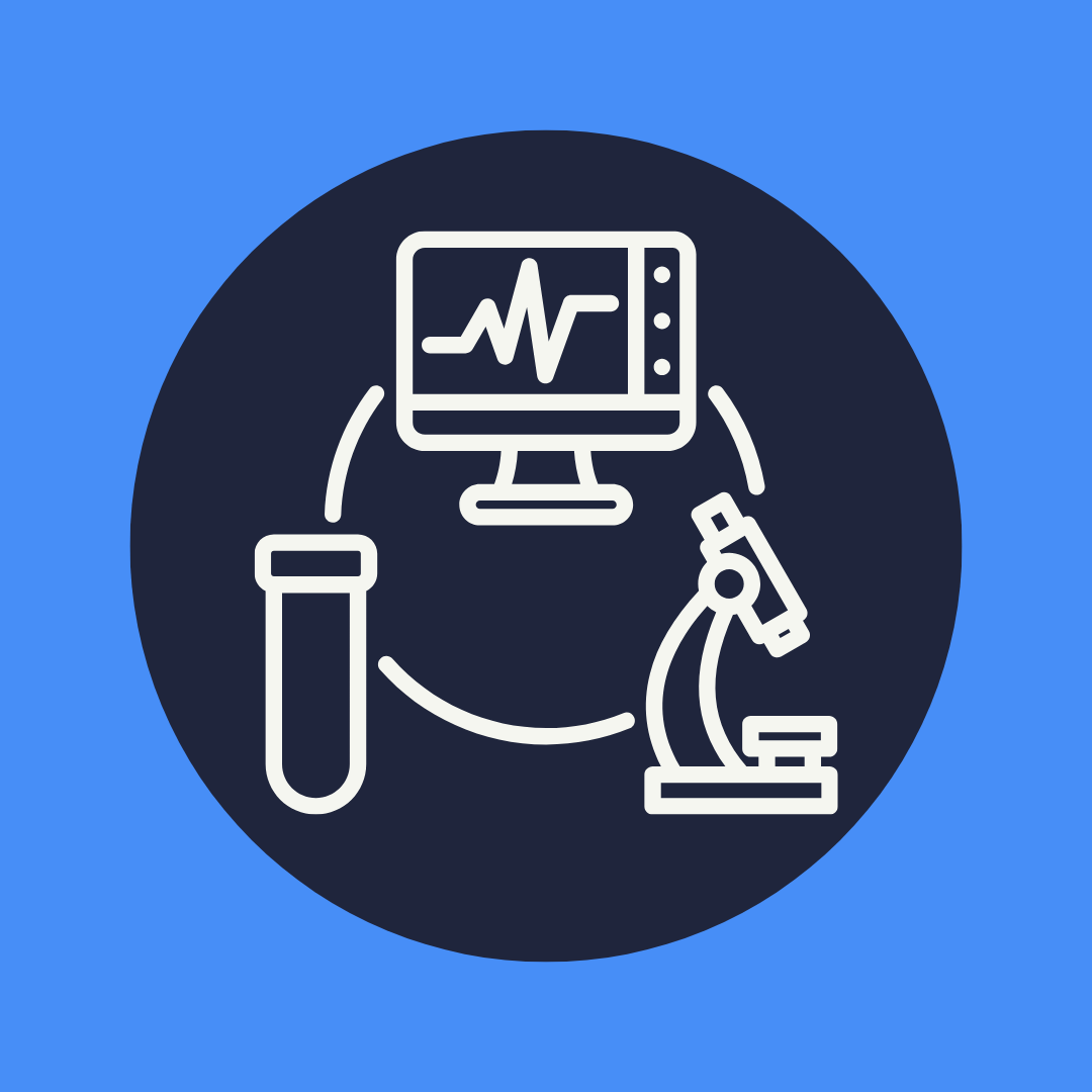 Medical device innovation icon showing a test tube, diagnostic monitor, and microscope